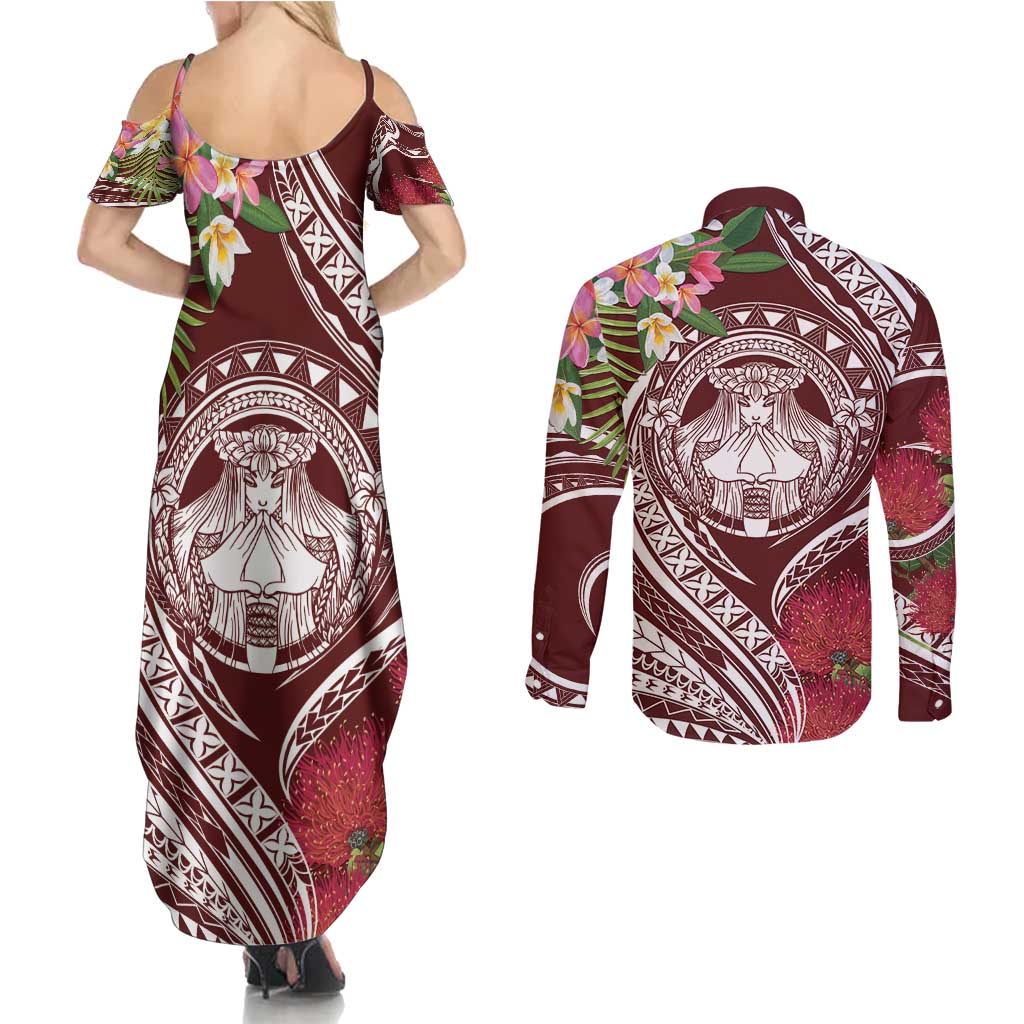 Aloha Hawaii Big Island Couples Matching Summer Maxi Dress and Long Sleeve Button Shirt Ohia Lehua Wahine LT7 - Polynesian Pride