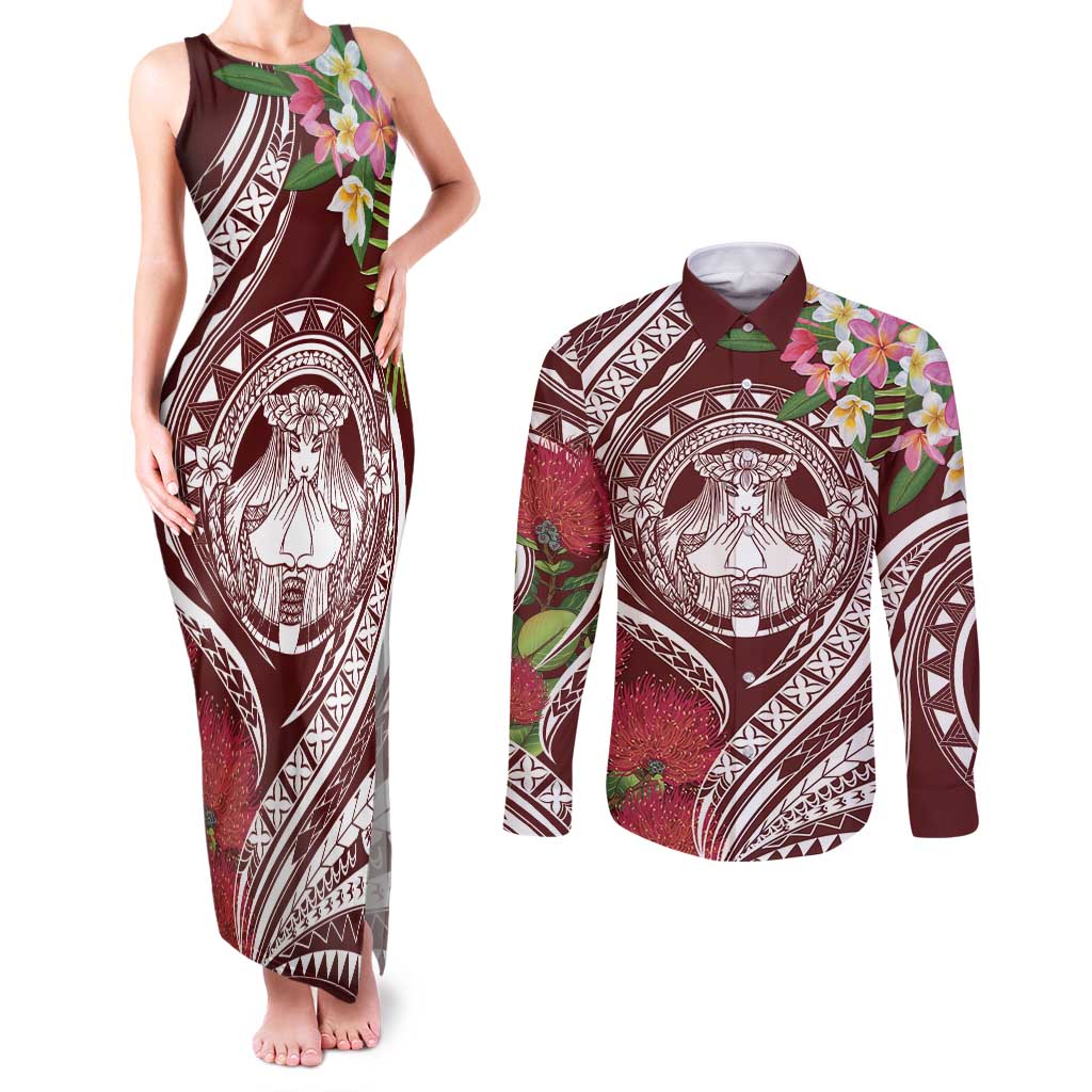 Aloha Hawaii Big Island Couples Matching Tank Maxi Dress and Long Sleeve Button Shirt Ohia Lehua Wahine LT7 Red - Polynesian Pride