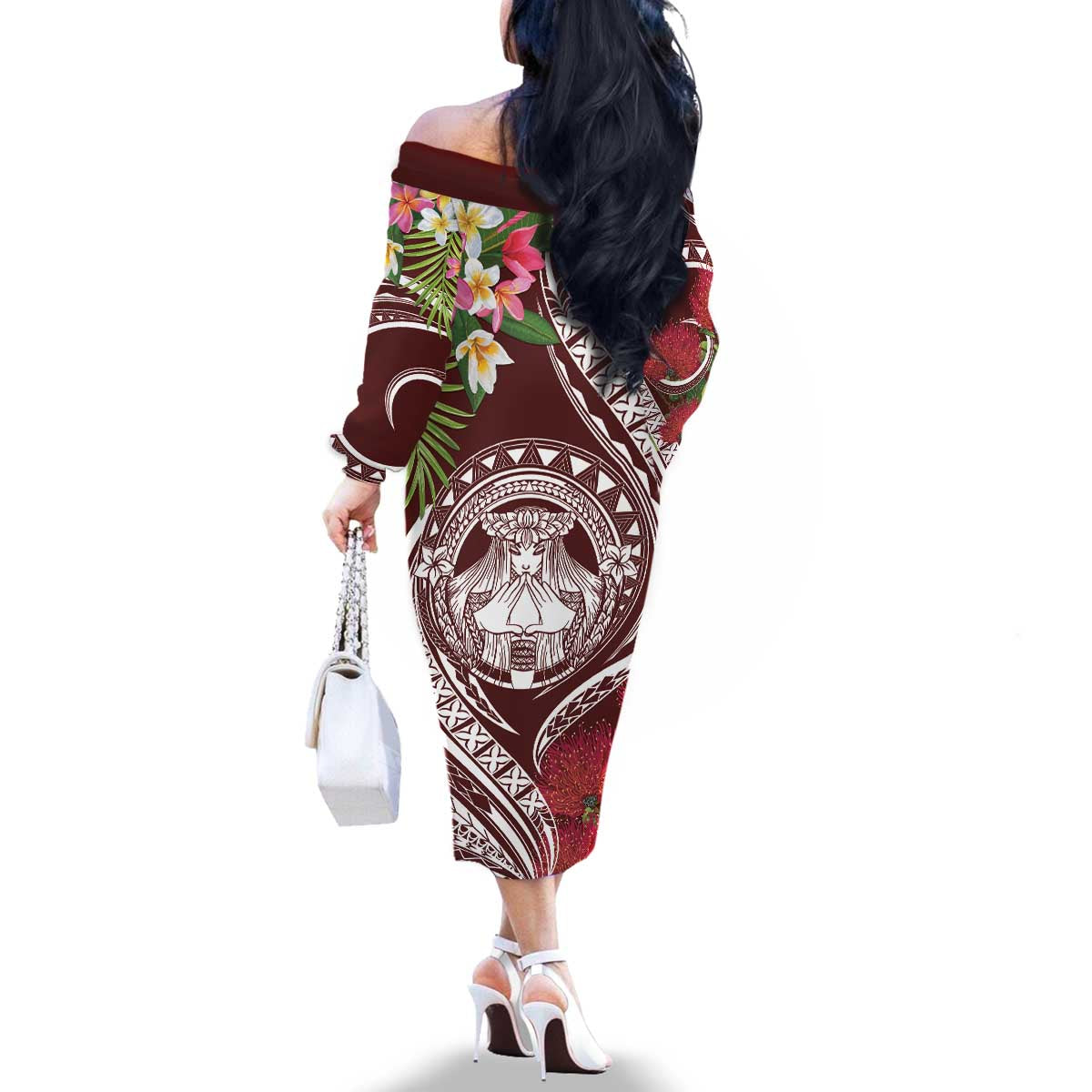 Aloha Hawaii Big Island Family Matching Off The Shoulder Long Sleeve Dress and Hawaiian Shirt Ohia Lehua Wahine LT7 - Polynesian Pride