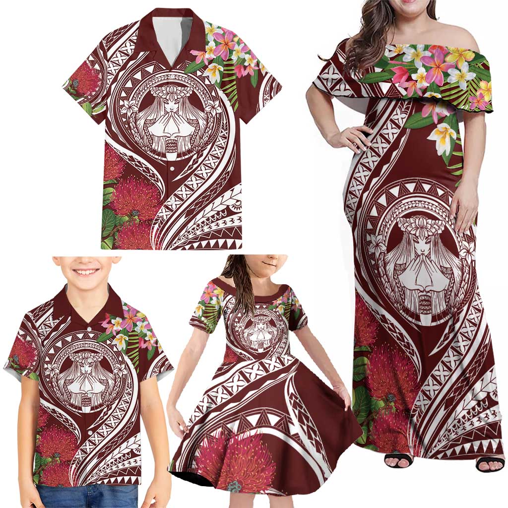 Aloha Hawaii Big Island Family Matching Off Shoulder Maxi Dress and Hawaiian Shirt Ohia Lehua Wahine LT7 - Polynesian Pride