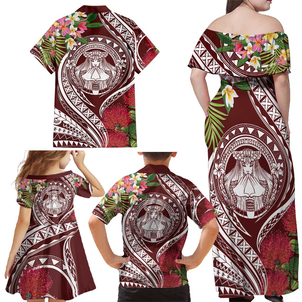 Aloha Hawaii Big Island Family Matching Off Shoulder Maxi Dress and Hawaiian Shirt Ohia Lehua Wahine LT7 - Polynesian Pride