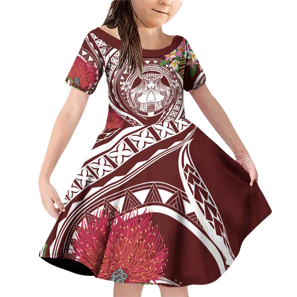 Aloha Hawaii Big Island Family Matching Off Shoulder Short Dress and Hawaiian Shirt Ohia Lehua Wahine LT7 Daughter's Dress Red - Polynesian Pride