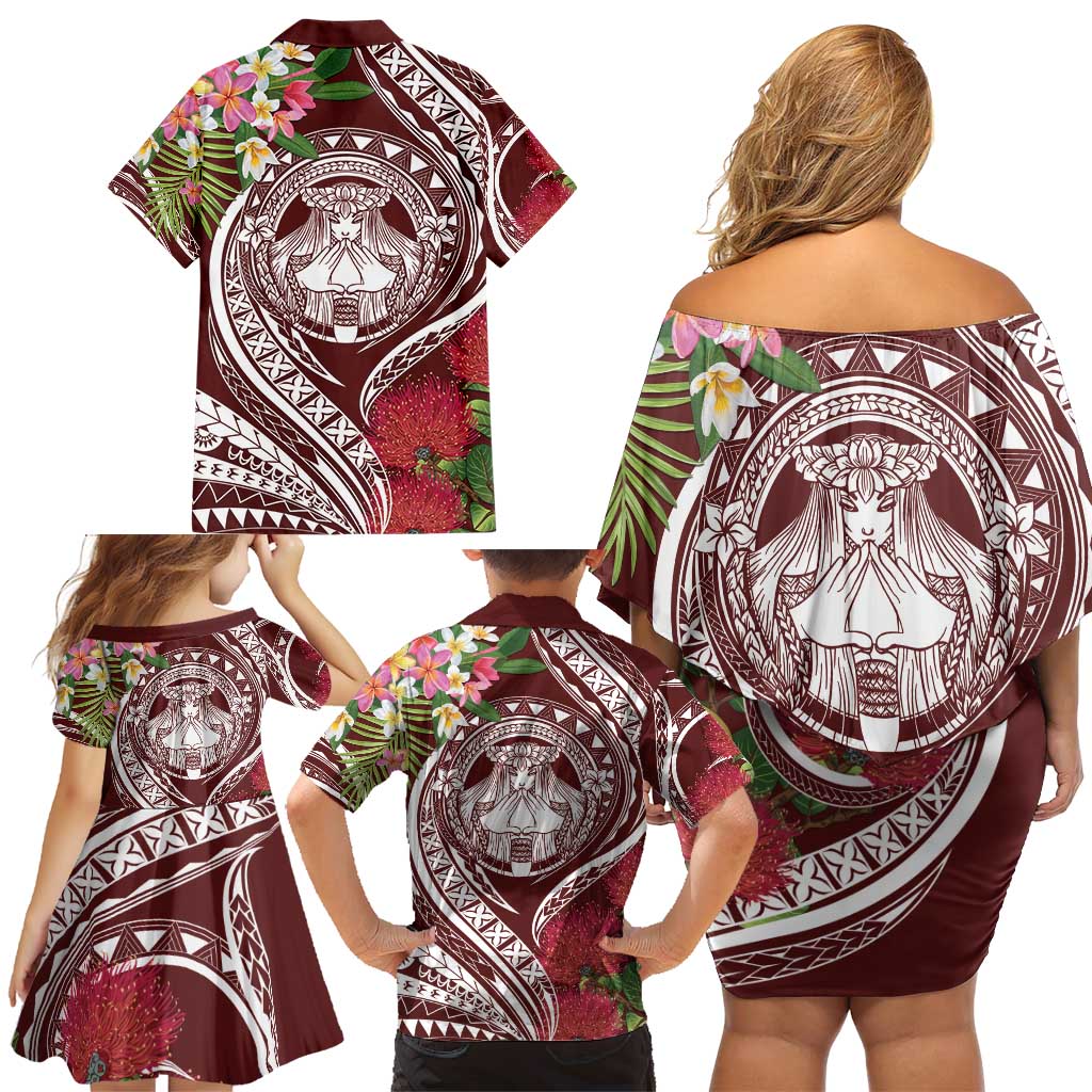 Aloha Hawaii Big Island Family Matching Off Shoulder Short Dress and Hawaiian Shirt Ohia Lehua Wahine LT7 - Polynesian Pride