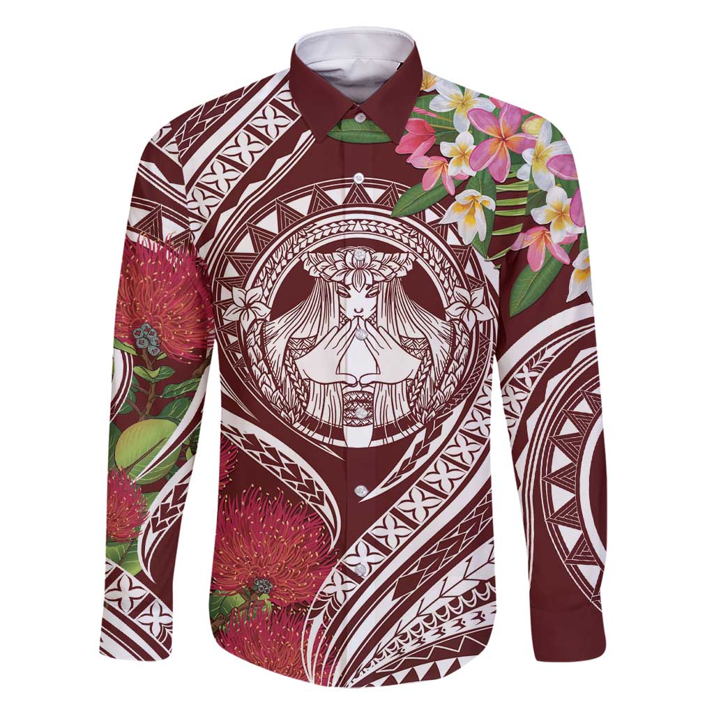 Aloha Hawaii Big Island Family Matching Off Shoulder Short Dress and Hawaiian Shirt Ohia Lehua Wahine LT7 Dad's Shirt - Long Sleeve Red - Polynesian Pride