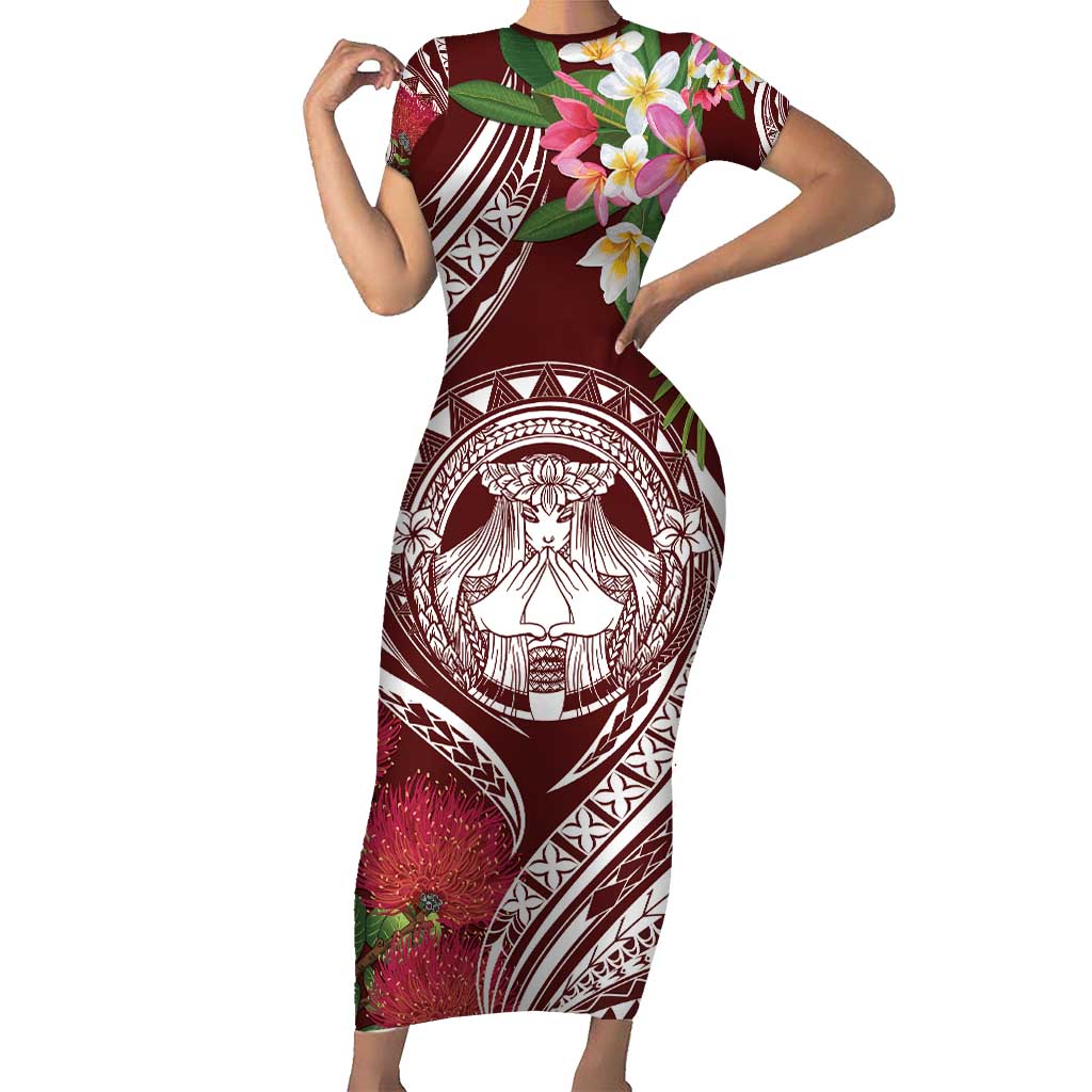 Aloha Hawaii Big Island Family Matching Short Sleeve Bodycon Dress and Hawaiian Shirt Ohia Lehua Wahine LT7 Mom's Dress Red - Polynesian Pride