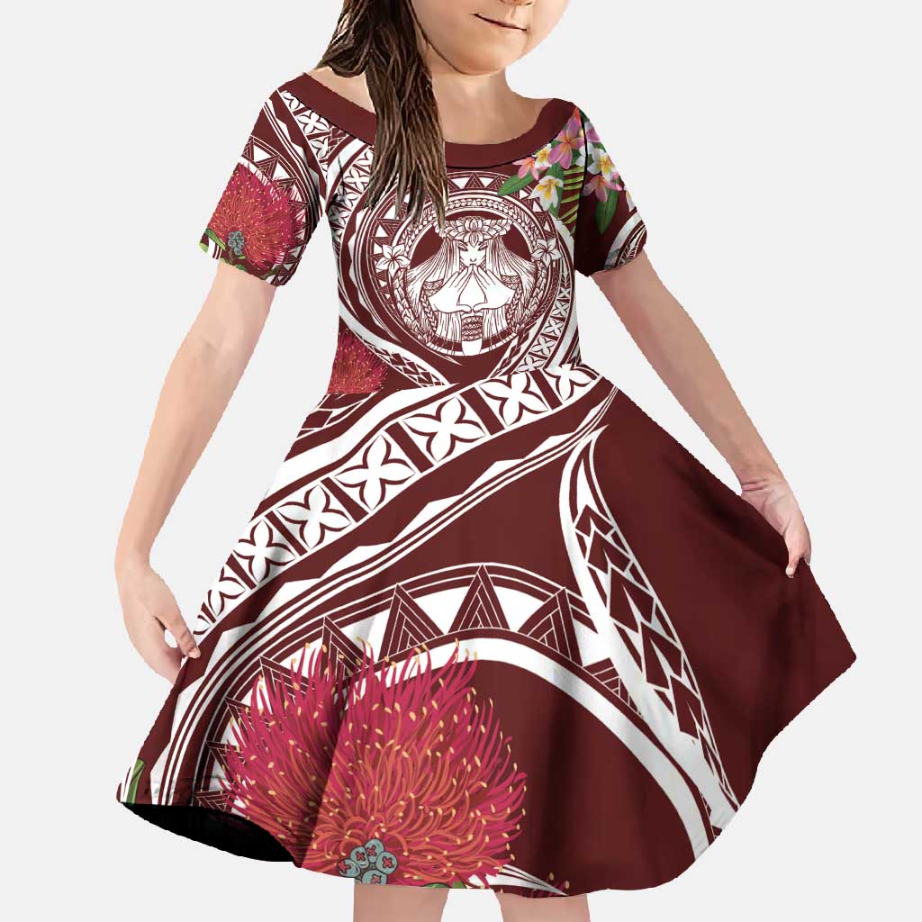 Aloha Hawaii Big Island Family Matching Summer Maxi Dress and Hawaiian Shirt Ohia Lehua Wahine LT7 Daughter's Dress Red - Polynesian Pride