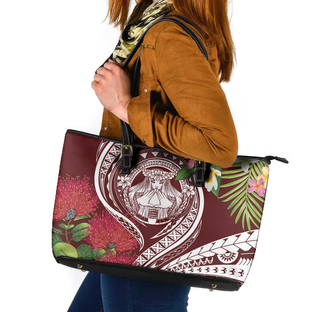 Aloha Hawaii Big Island Leather Tote Bag Ohia Lehua Wahine LT7 Red - Polynesian Pride