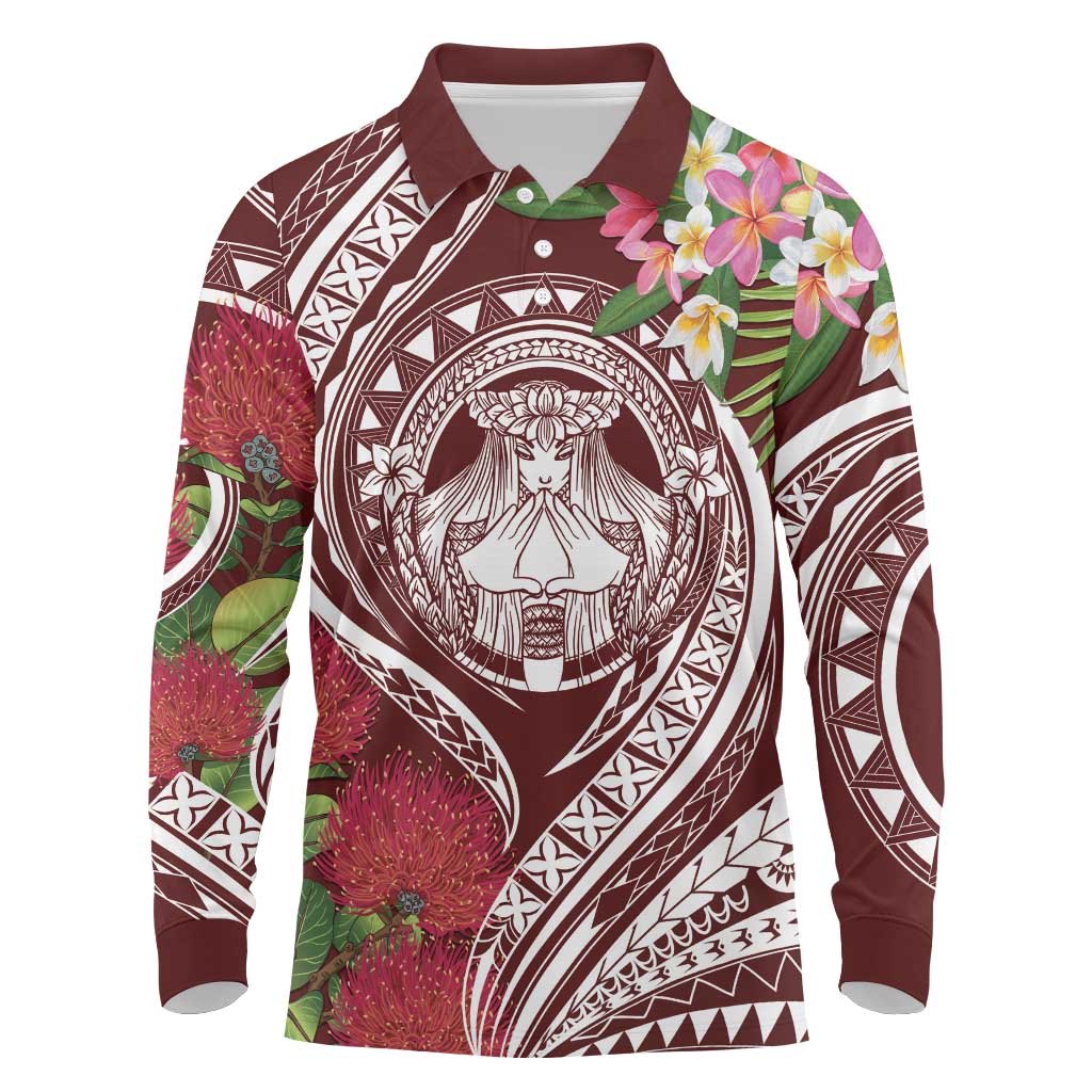 Aloha Hawaii Big Island Long Sleeve Polo Shirt Ohia Lehua Wahine LT7 Red - Polynesian Pride