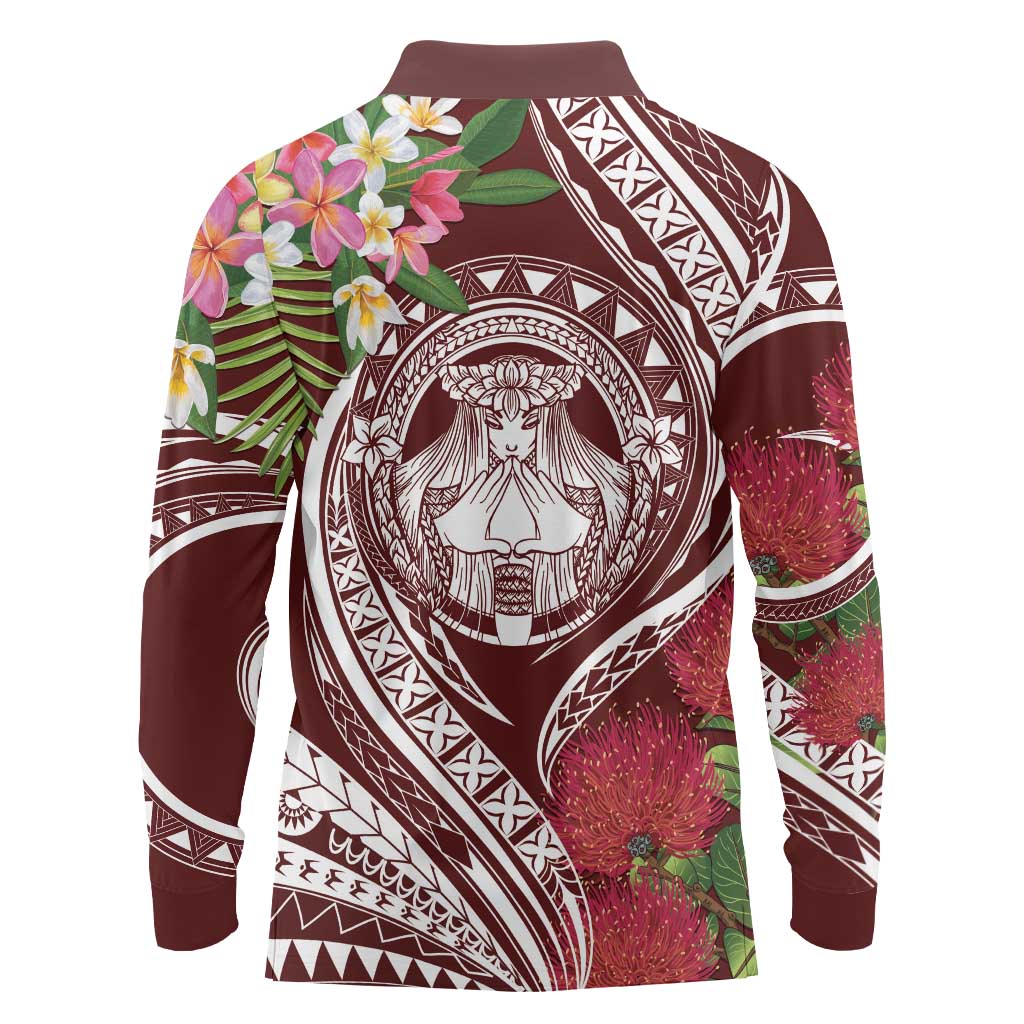 Aloha Hawaii Big Island Long Sleeve Polo Shirt Ohia Lehua Wahine LT7 - Polynesian Pride