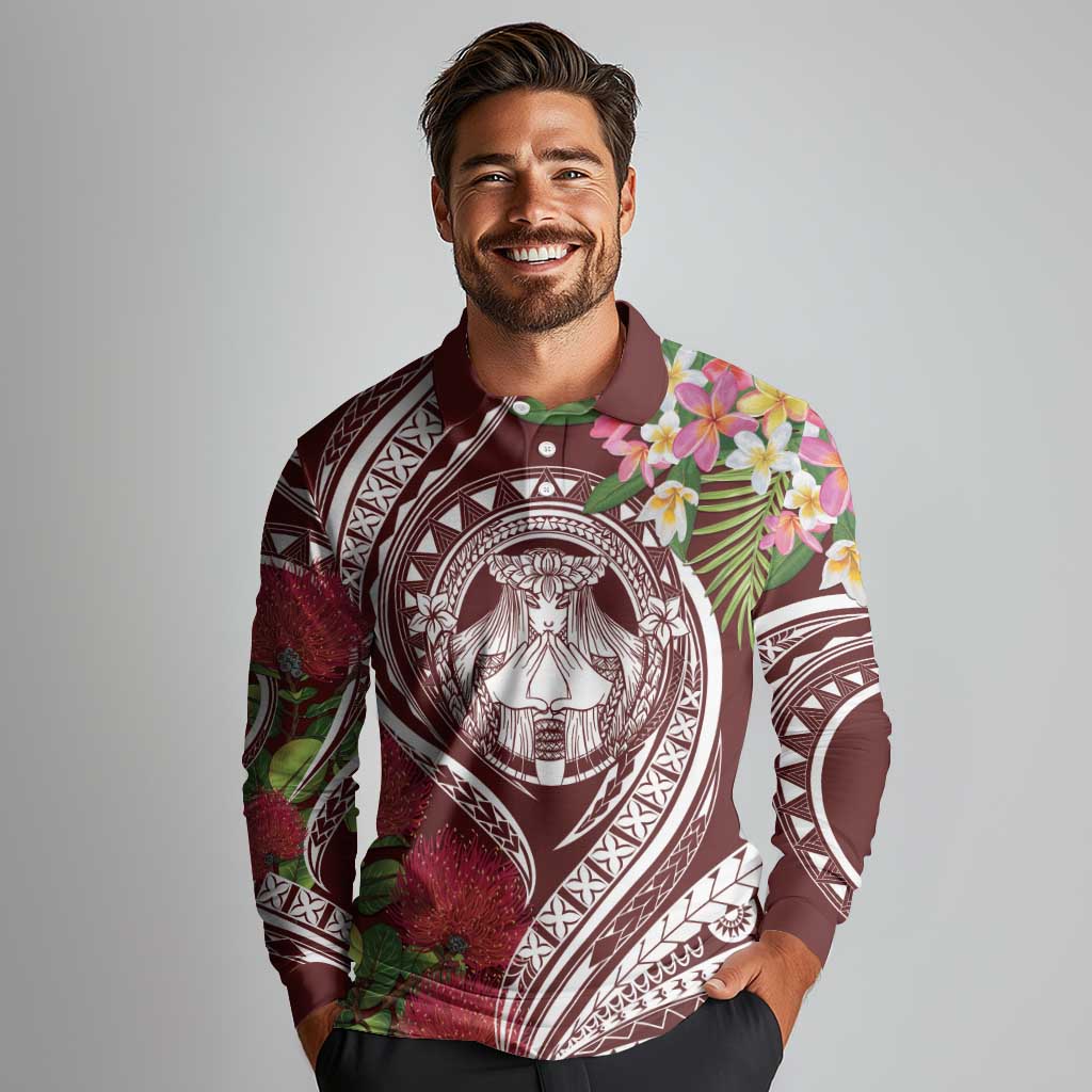 Aloha Hawaii Big Island Long Sleeve Polo Shirt Ohia Lehua Wahine LT7 - Polynesian Pride