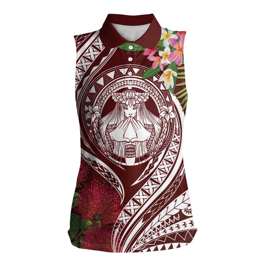 Aloha Hawaii Big Island Women Sleeveless Polo Shirt Ohia Lehua Wahine LT7 Female Red - Polynesian Pride