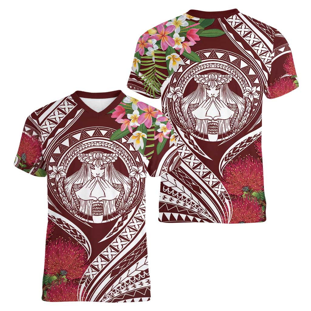 Aloha Hawaii Big Island Women V-Neck T-Shirt Ohia Lehua Wahine LT7 - Polynesian Pride
