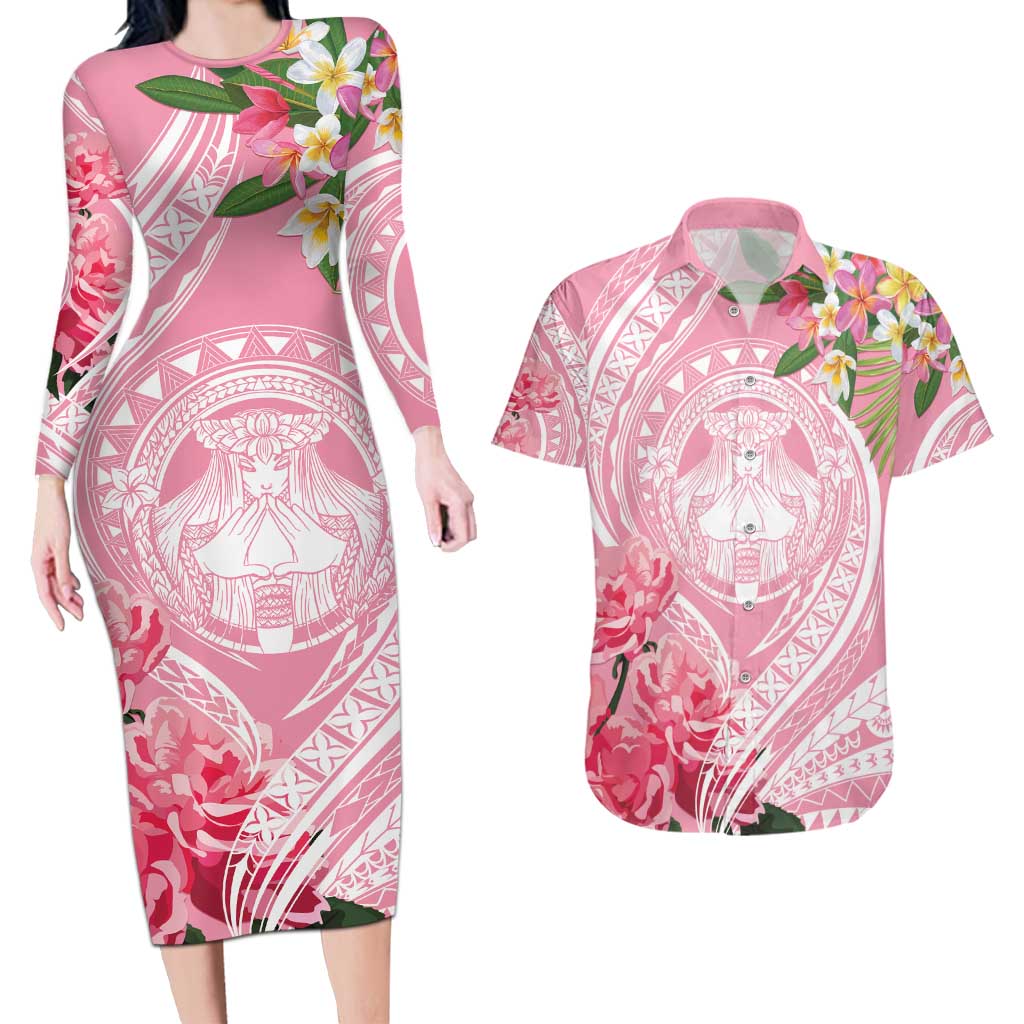 Aloha Hawaii Maui Couples Matching Long Sleeve Bodycon Dress and Hawaiian Shirt Goddess Lokelani Rose LT7 Pink - Polynesian Pride
