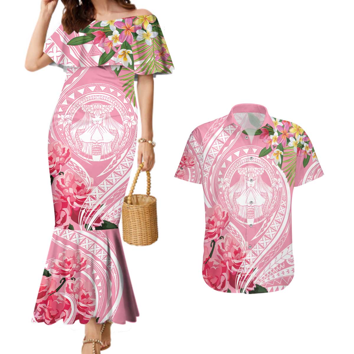 Aloha Hawaii Maui Couples Matching Mermaid Dress and Hawaiian Shirt Goddess Lokelani Rose LT7 Pink - Polynesian Pride