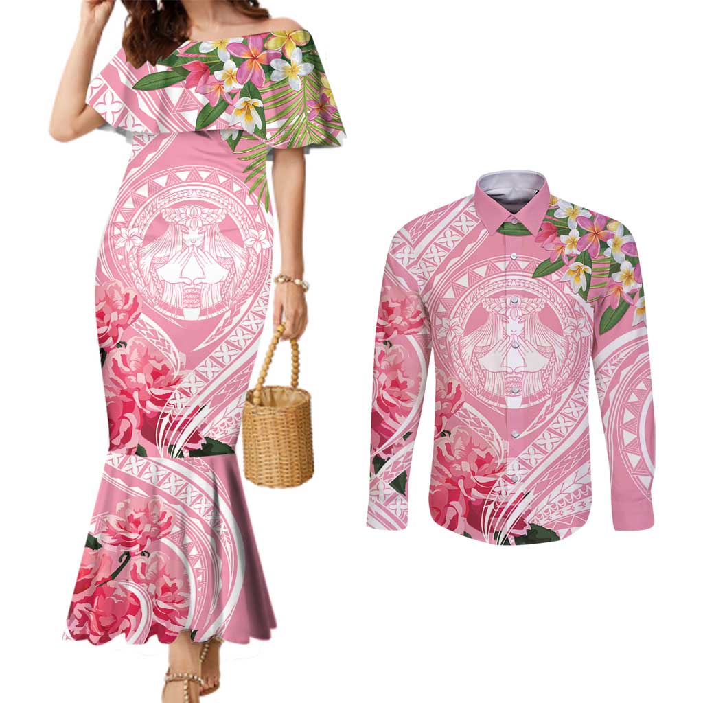 Aloha Hawaii Maui Couples Matching Mermaid Dress and Long Sleeve Button Shirt Goddess Lokelani Rose LT7 Pink - Polynesian Pride