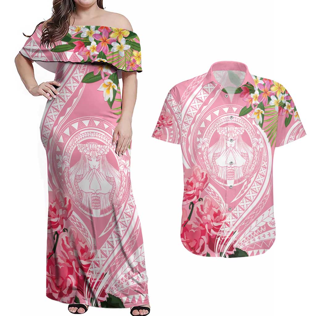 Aloha Hawaii Maui Couples Matching Off Shoulder Maxi Dress and Hawaiian Shirt Goddess Lokelani Rose LT7 Pink - Polynesian Pride