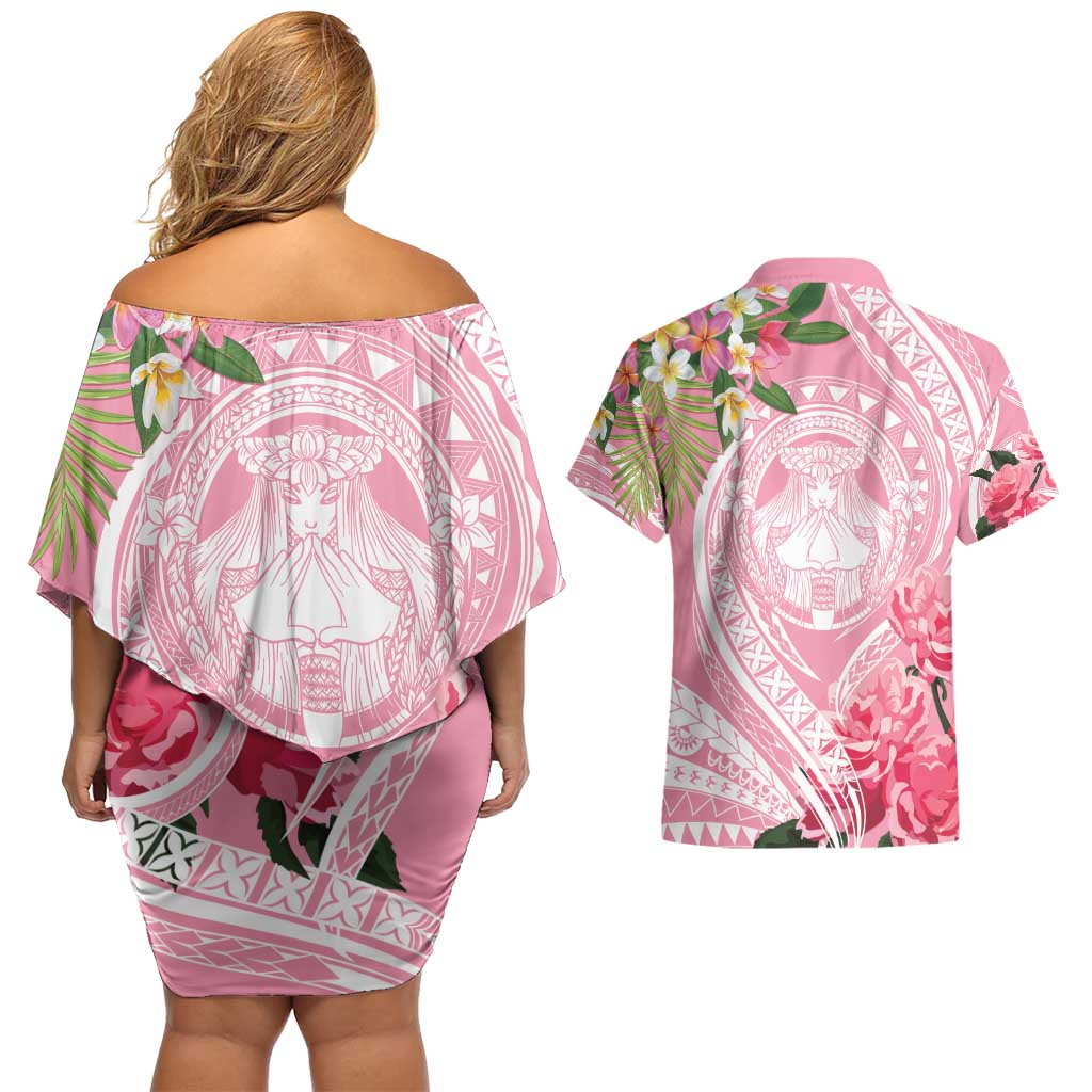 Aloha Hawaii Maui Couples Matching Off Shoulder Short Dress and Hawaiian Shirt Goddess Lokelani Rose LT7 - Polynesian Pride