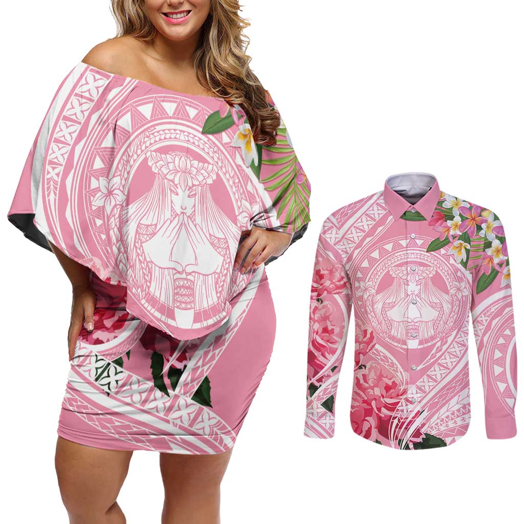 Aloha Hawaii Maui Couples Matching Off Shoulder Short Dress and Long Sleeve Button Shirt Goddess Lokelani Rose LT7 Pink - Polynesian Pride