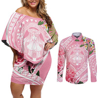 Aloha Hawaii Maui Couples Matching Off Shoulder Short Dress and Long Sleeve Button Shirt Goddess Lokelani Rose LT7 Pink - Polynesian Pride