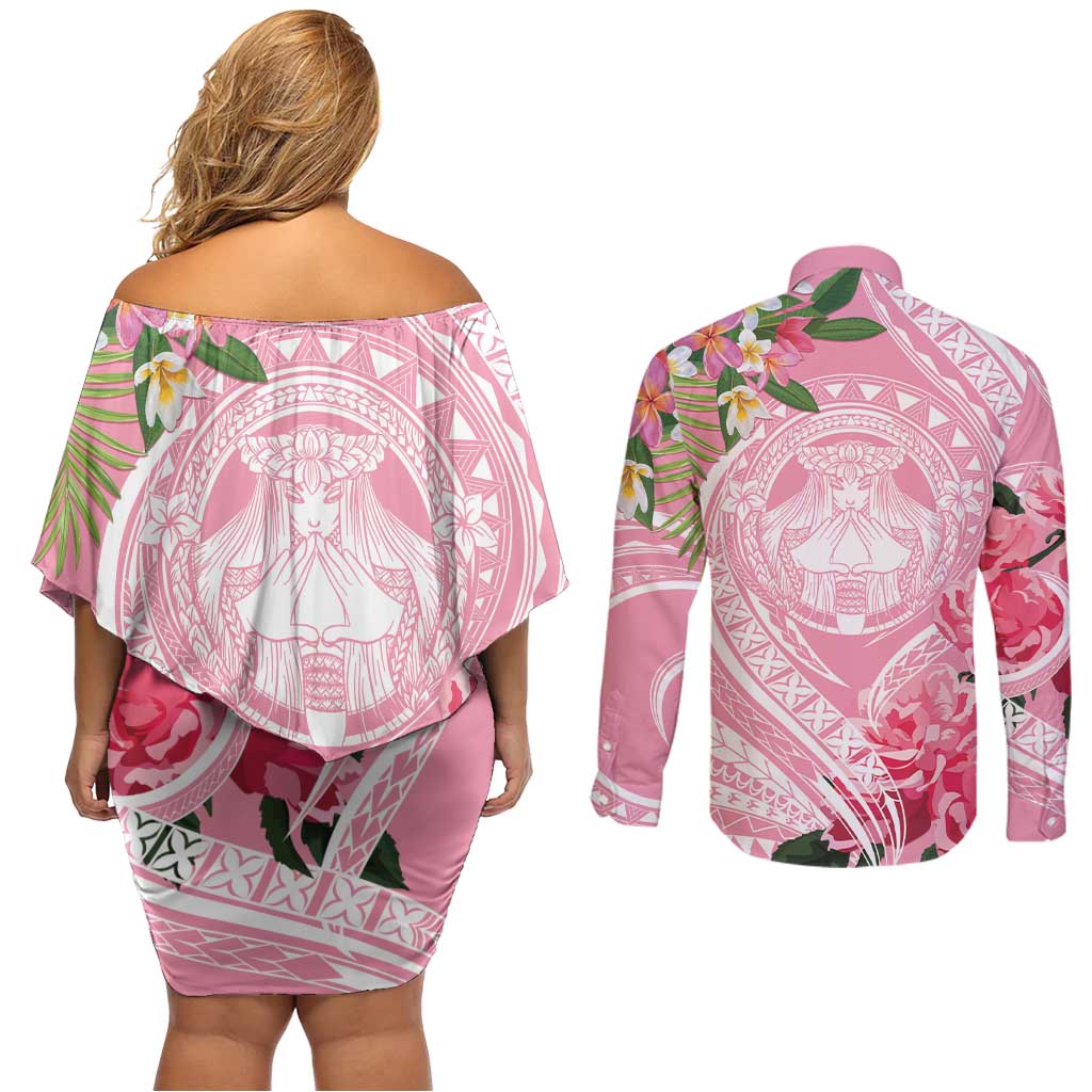 Aloha Hawaii Maui Couples Matching Off Shoulder Short Dress and Long Sleeve Button Shirt Goddess Lokelani Rose LT7 - Polynesian Pride
