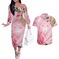 Aloha Hawaii Maui Couples Matching Off The Shoulder Long Sleeve Dress and Hawaiian Shirt Goddess Lokelani Rose LT7 Pink - Polynesian Pride