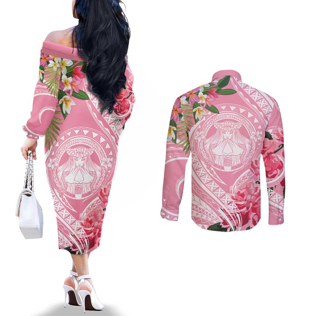 Aloha Hawaii Maui Couples Matching Off The Shoulder Long Sleeve Dress and Long Sleeve Button Shirt Goddess Lokelani Rose LT7 - Polynesian Pride