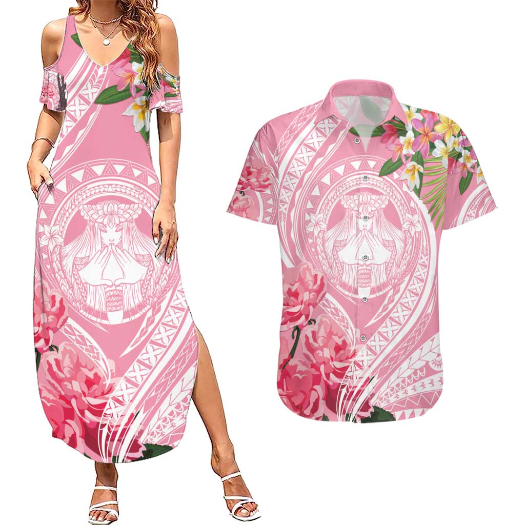 Aloha Hawaii Maui Couples Matching Summer Maxi Dress and Hawaiian Shirt Goddess Lokelani Rose LT7 Pink - Polynesian Pride