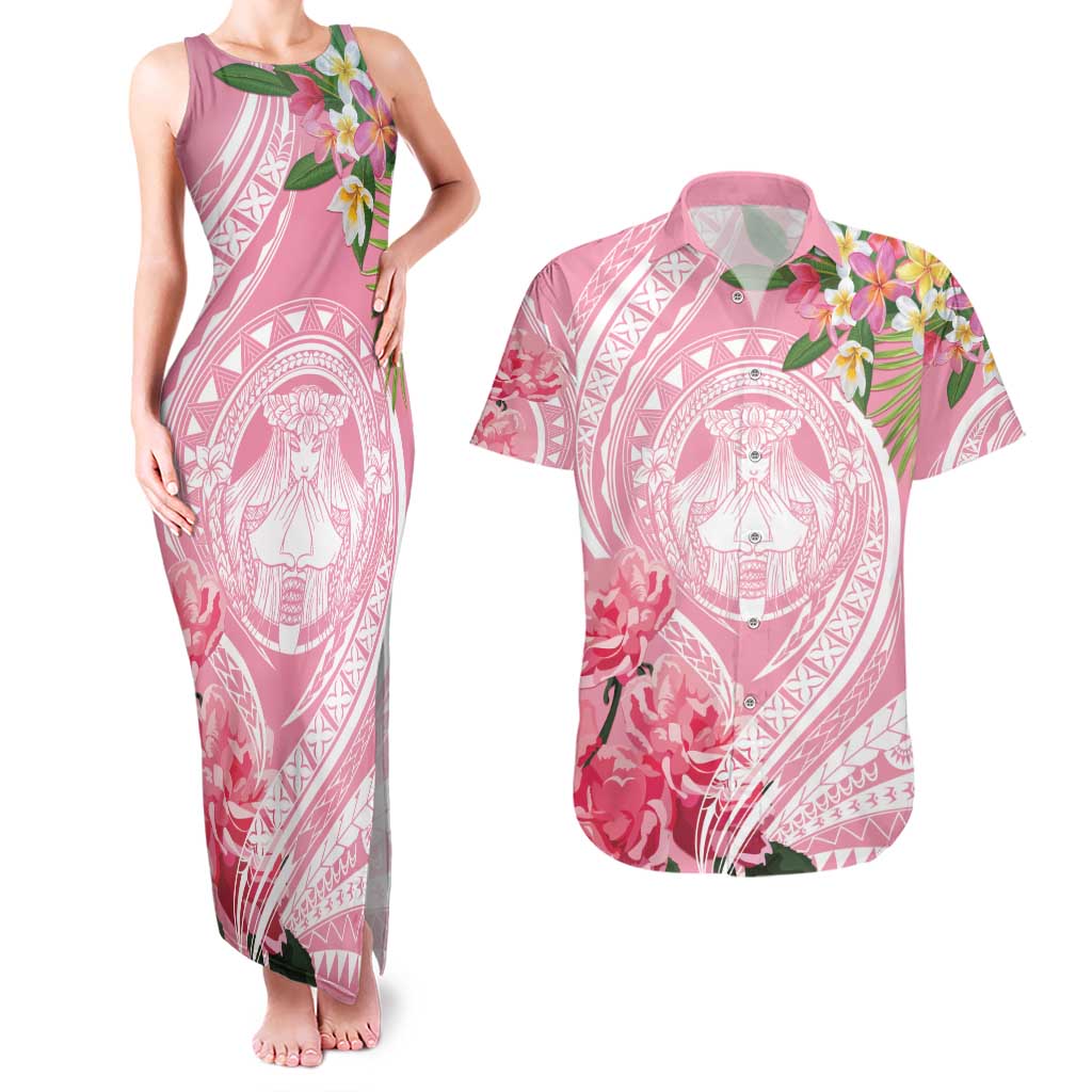 Aloha Hawaii Maui Couples Matching Tank Maxi Dress and Hawaiian Shirt Goddess Lokelani Rose LT7 Pink - Polynesian Pride