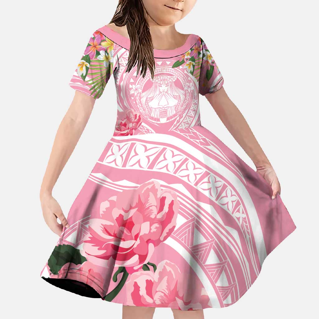 Aloha Hawaii Maui Family Matching Off Shoulder Maxi Dress and Hawaiian Shirt Goddess Lokelani Rose LT7 Daughter's Dress Pink - Polynesian Pride