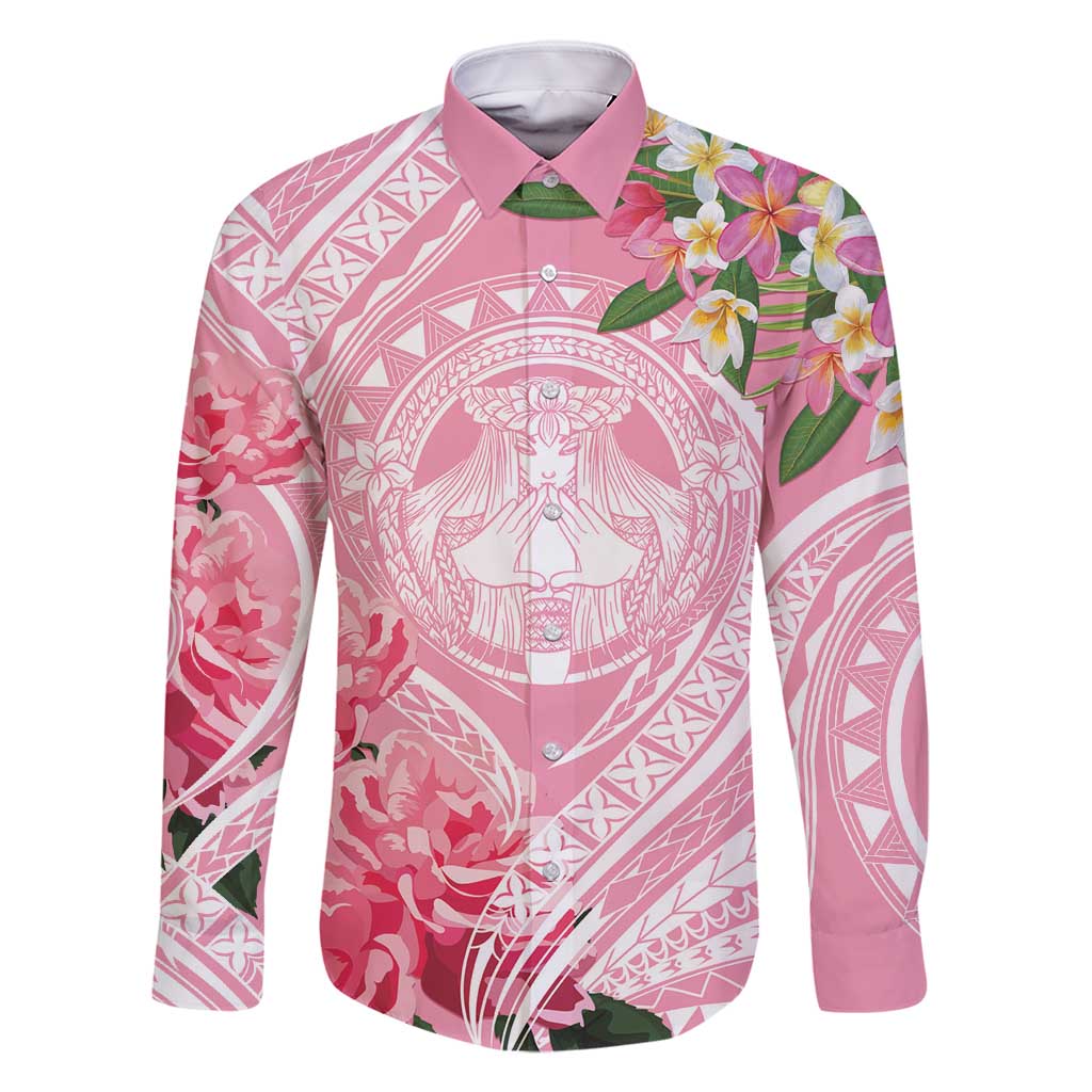 Aloha Hawaii Maui Family Matching Off Shoulder Short Dress and Hawaiian Shirt Goddess Lokelani Rose LT7 Dad's Shirt - Long Sleeve Pink - Polynesian Pride
