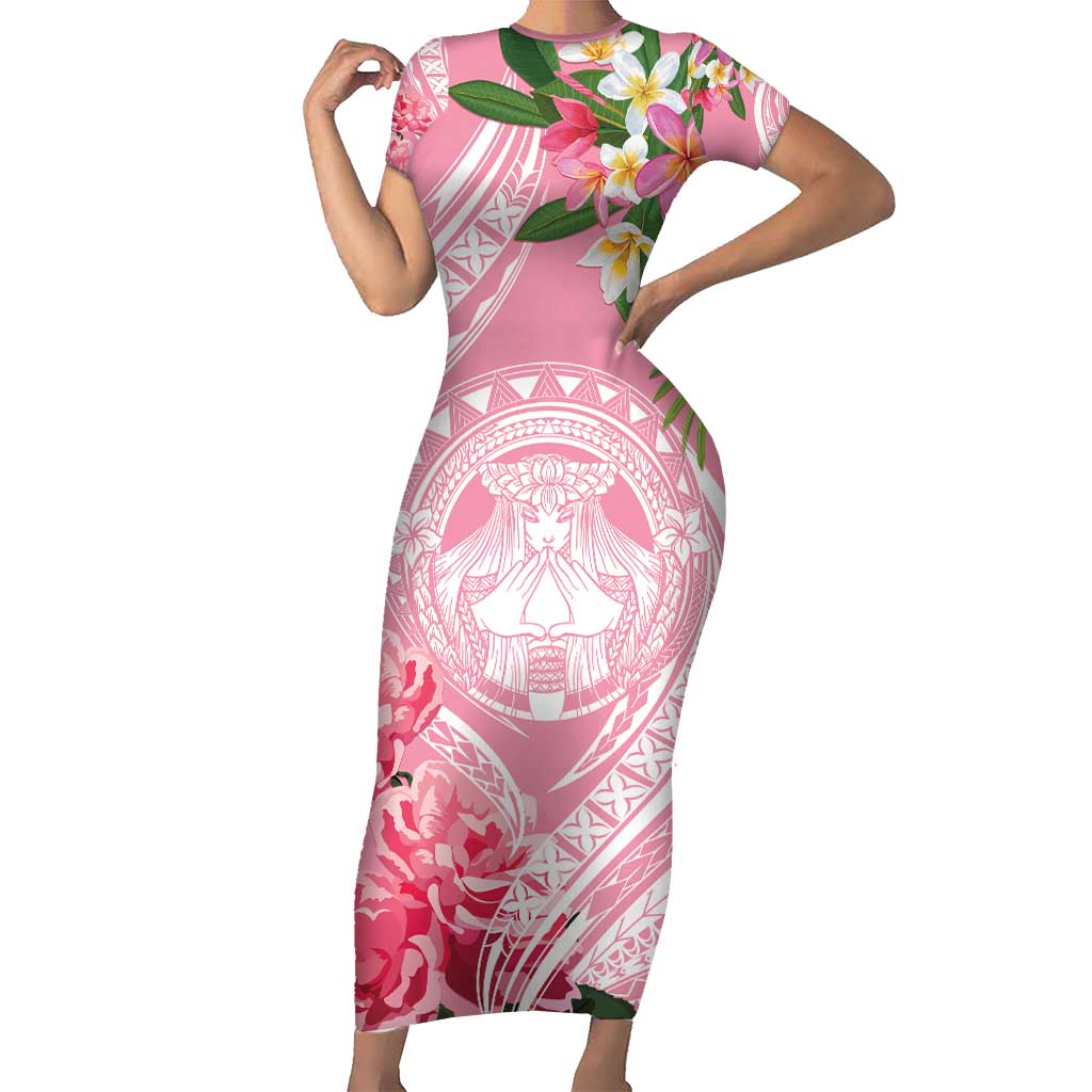 Aloha Hawaii Maui Family Matching Short Sleeve Bodycon Dress and Hawaiian Shirt Goddess Lokelani Rose LT7 Mom's Dress Pink - Polynesian Pride