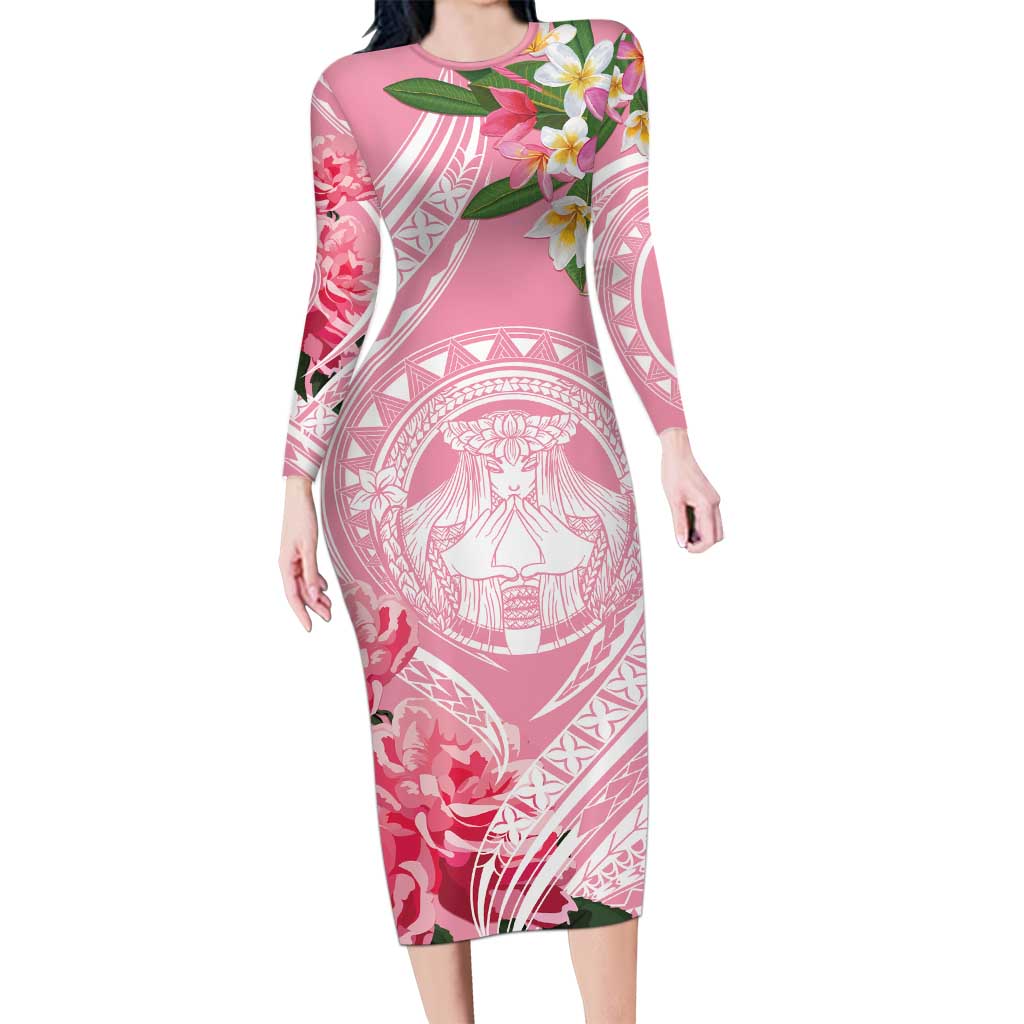 Aloha Hawaii Maui Long Sleeve Bodycon Dress Goddess Lokelani Rose LT7 Long Dress Pink - Polynesian Pride