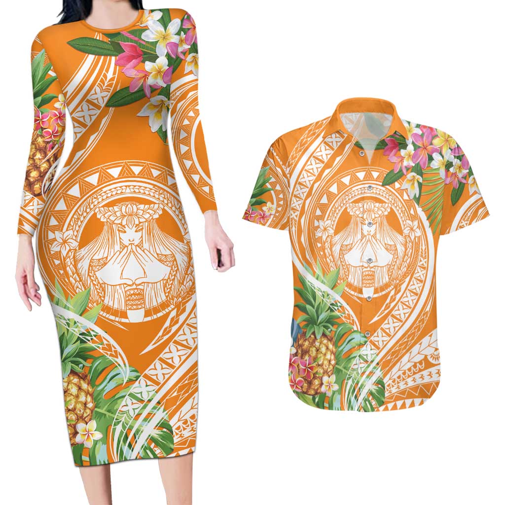 Aloha Hawaii Lanai Couples Matching Long Sleeve Bodycon Dress and Hawaiian Shirt Frangipani Mix Pineapple LT7 Orange - Polynesian Pride