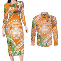 Aloha Hawaii Lanai Couples Matching Long Sleeve Bodycon Dress and Long Sleeve Button Shirt Frangipani Mix Pineapple LT7 Orange - Polynesian Pride
