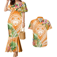 Aloha Hawaii Lanai Couples Matching Mermaid Dress and Hawaiian Shirt Frangipani Mix Pineapple LT7 Orange - Polynesian Pride