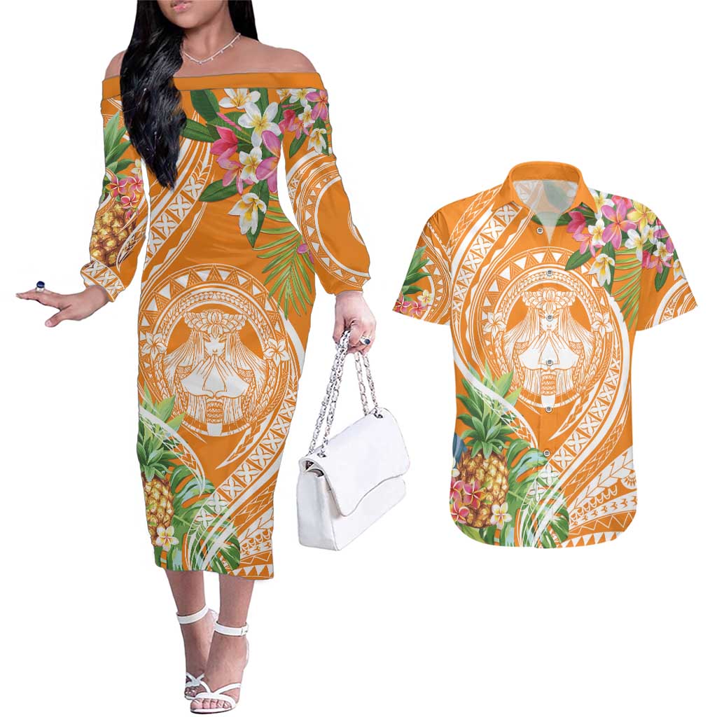 Aloha Hawaii Lanai Couples Matching Off The Shoulder Long Sleeve Dress and Hawaiian Shirt Frangipani Mix Pineapple LT7 Orange - Polynesian Pride