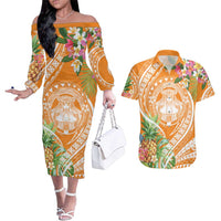 Aloha Hawaii Lanai Couples Matching Off The Shoulder Long Sleeve Dress and Hawaiian Shirt Frangipani Mix Pineapple LT7 Orange - Polynesian Pride