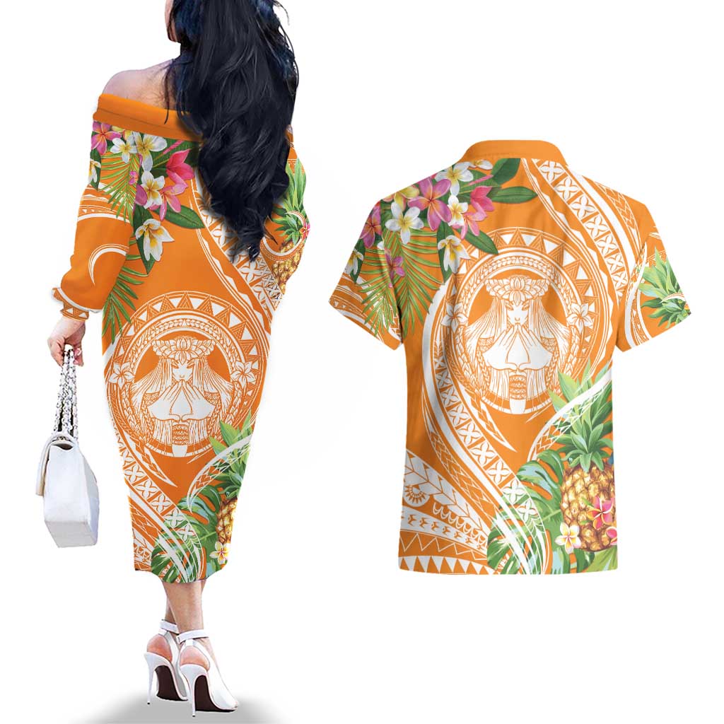 Aloha Hawaii Lanai Couples Matching Off The Shoulder Long Sleeve Dress and Hawaiian Shirt Frangipani Mix Pineapple LT7 - Polynesian Pride