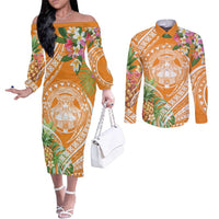 Aloha Hawaii Lanai Couples Matching Off The Shoulder Long Sleeve Dress and Long Sleeve Button Shirt Frangipani Mix Pineapple LT7 Orange - Polynesian Pride