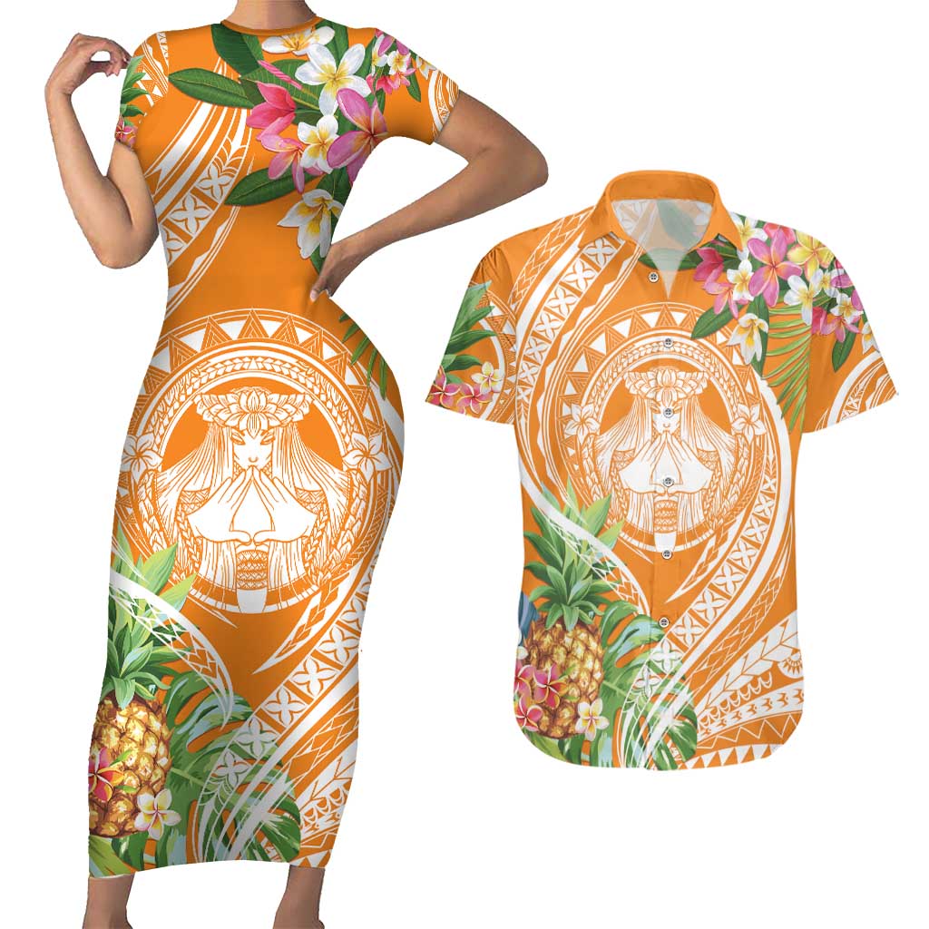 Aloha Hawaii Lanai Couples Matching Short Sleeve Bodycon Dress and Hawaiian Shirt Frangipani Mix Pineapple LT7 Orange - Polynesian Pride