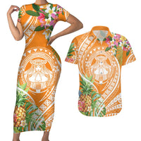 Aloha Hawaii Lanai Couples Matching Short Sleeve Bodycon Dress and Hawaiian Shirt Frangipani Mix Pineapple LT7 Orange - Polynesian Pride