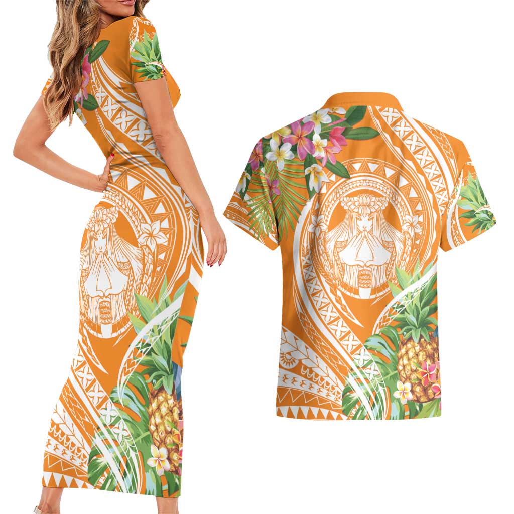 Aloha Hawaii Lanai Couples Matching Short Sleeve Bodycon Dress and Hawaiian Shirt Frangipani Mix Pineapple LT7 - Polynesian Pride