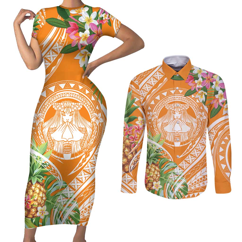 Aloha Hawaii Lanai Couples Matching Short Sleeve Bodycon Dress and Long Sleeve Button Shirt Frangipani Mix Pineapple LT7 Orange - Polynesian Pride