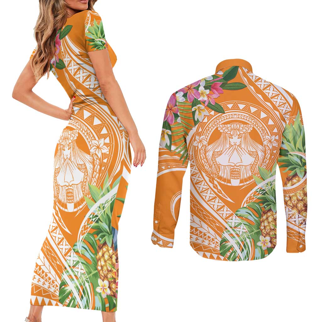 Aloha Hawaii Lanai Couples Matching Short Sleeve Bodycon Dress and Long Sleeve Button Shirt Frangipani Mix Pineapple LT7 - Polynesian Pride