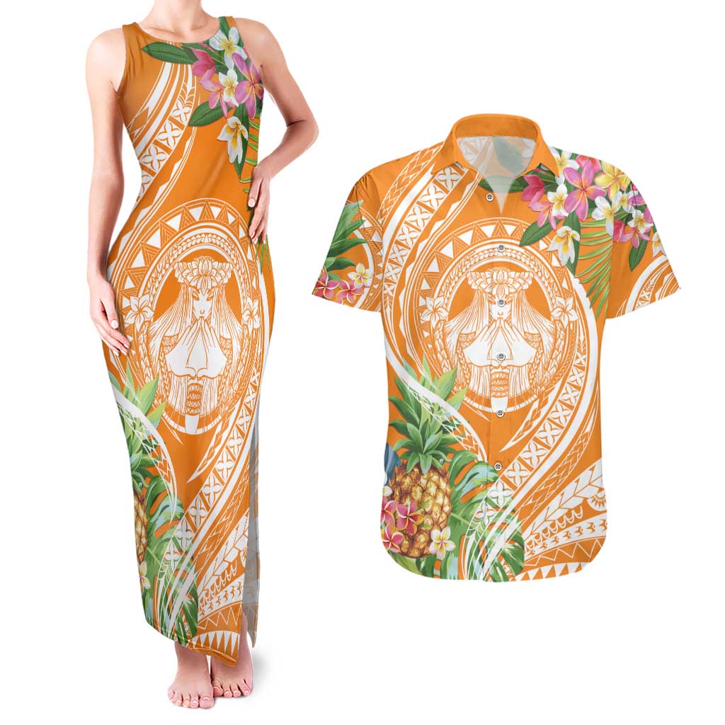 Aloha Hawaii Lanai Couples Matching Tank Maxi Dress and Hawaiian Shirt Frangipani Mix Pineapple LT7 Orange - Polynesian Pride