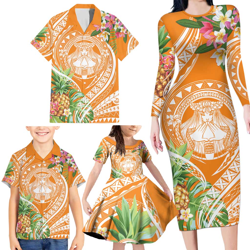 Aloha Hawaii Lanai Family Matching Long Sleeve Bodycon Dress and Hawaiian Shirt Frangipani Mix Pineapple LT7 - Polynesian Pride