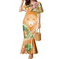 Aloha Hawaii Lanai Family Matching Mermaid Dress and Hawaiian Shirt Frangipani Mix Pineapple LT7 Mom's Dress Orange - Polynesian Pride