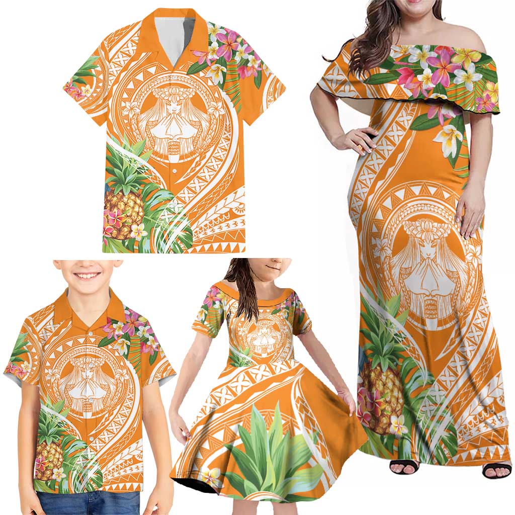 Aloha Hawaii Lanai Family Matching Off Shoulder Maxi Dress and Hawaiian Shirt Frangipani Mix Pineapple LT7 - Polynesian Pride