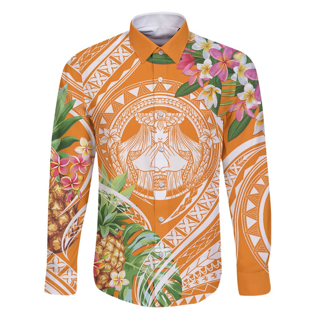 Aloha Hawaii Lanai Family Matching Off Shoulder Maxi Dress and Hawaiian Shirt Frangipani Mix Pineapple LT7 Dad's Shirt - Long Sleeve Orange - Polynesian Pride