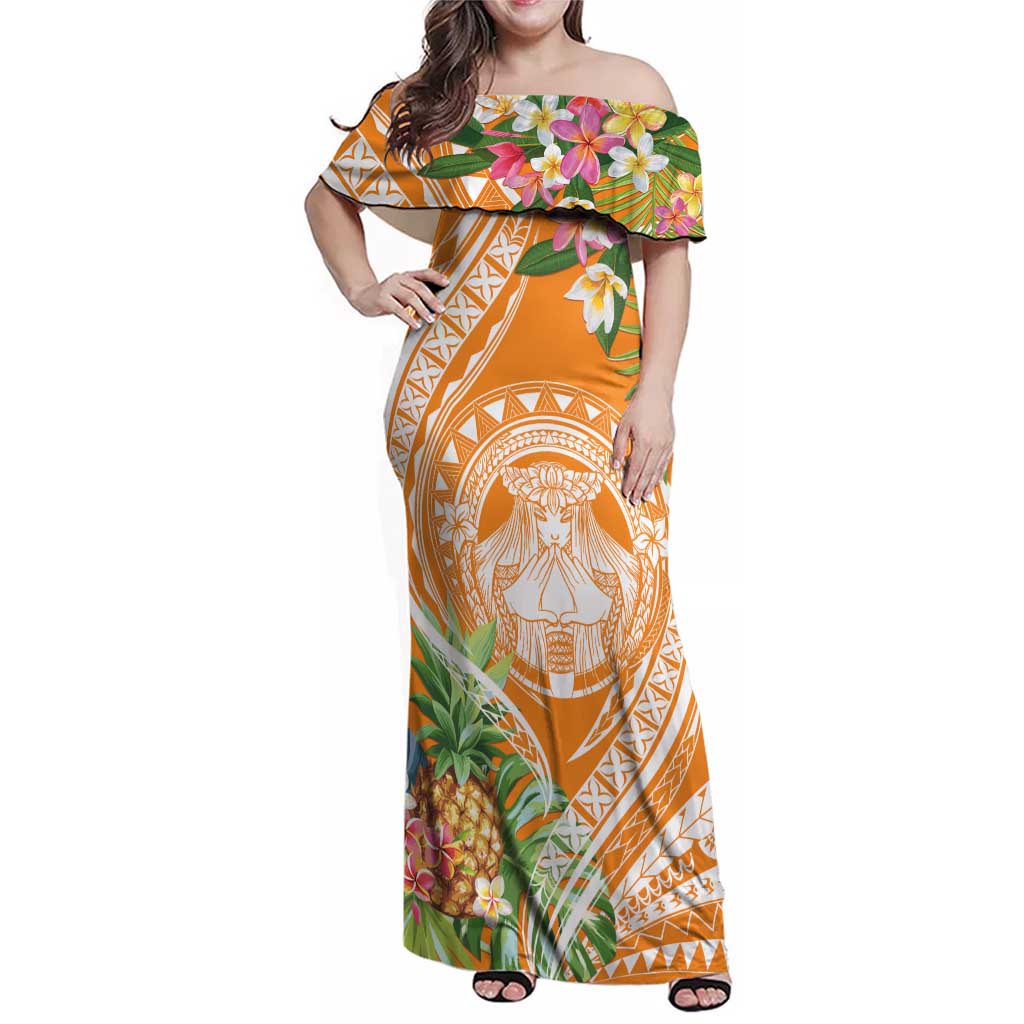 Aloha Hawaii Lanai Family Matching Off Shoulder Maxi Dress and Hawaiian Shirt Frangipani Mix Pineapple LT7 Mom's Dress Orange - Polynesian Pride